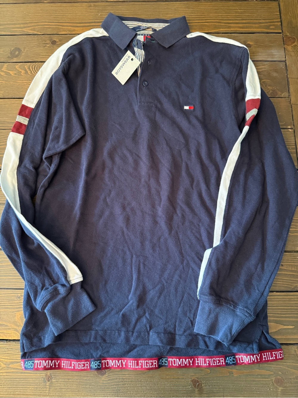 Y2K boys Tommy Hilfiger Dark Blue Polo with Striped Placket
